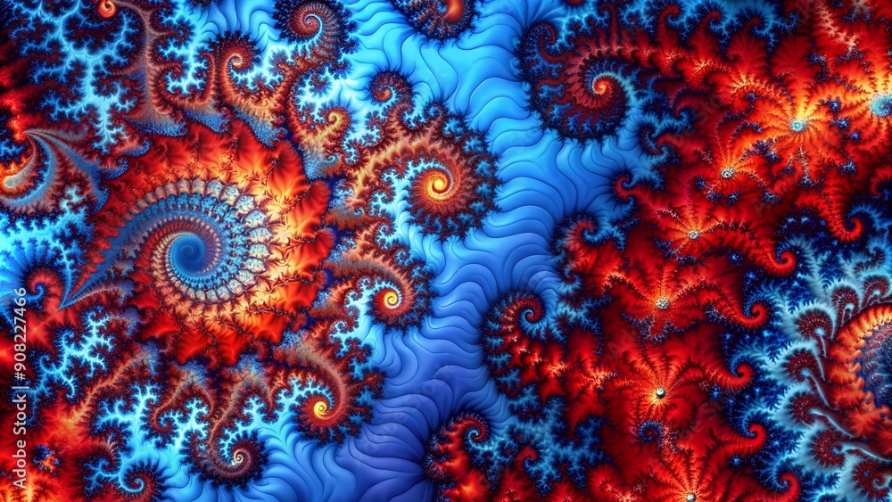 Poster red and blue fractals: a journey into the heart of complexity generative ai