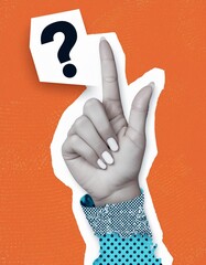 Modern collage with pointing hand and question mark. Paper cutout. Torn paper. Halftone part of body. Question mark cut out from notebook. FAQ sign.