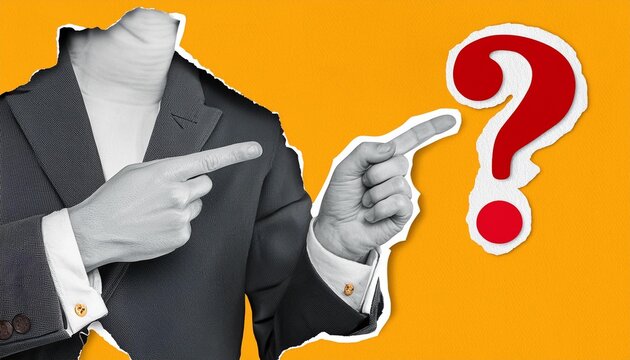 Modern collage with pointing hand and question mark. Paper cutout. Torn paper. Halftone part of body. Question mark cut out from notebook. FAQ sign.