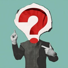 Modern collage with pointing hand and question mark. Paper cutout. Torn paper. Halftone part of body. Question mark cut out from notebook. FAQ sign.