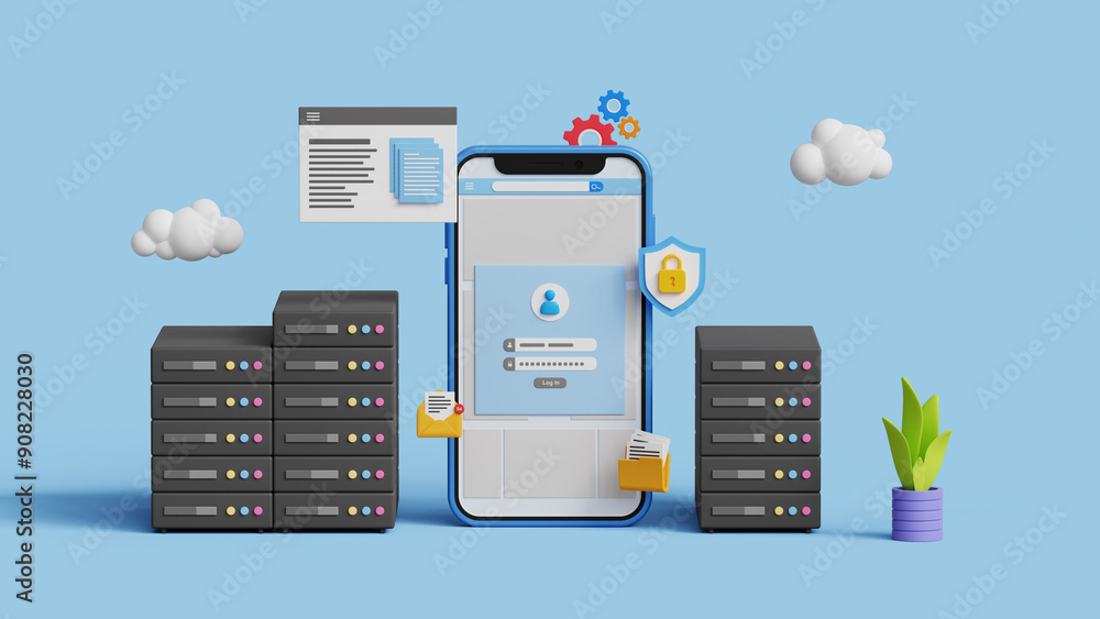 Poster cloud computing or cloud storage technology. online database storage concept. download and upload da