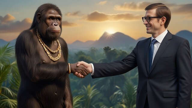 Homo habilis shaking hand with Millennial
