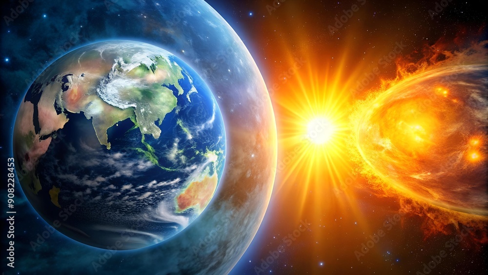 Poster celestial dance: earth and sun in a dynamic interplay of gravity and light generative ai