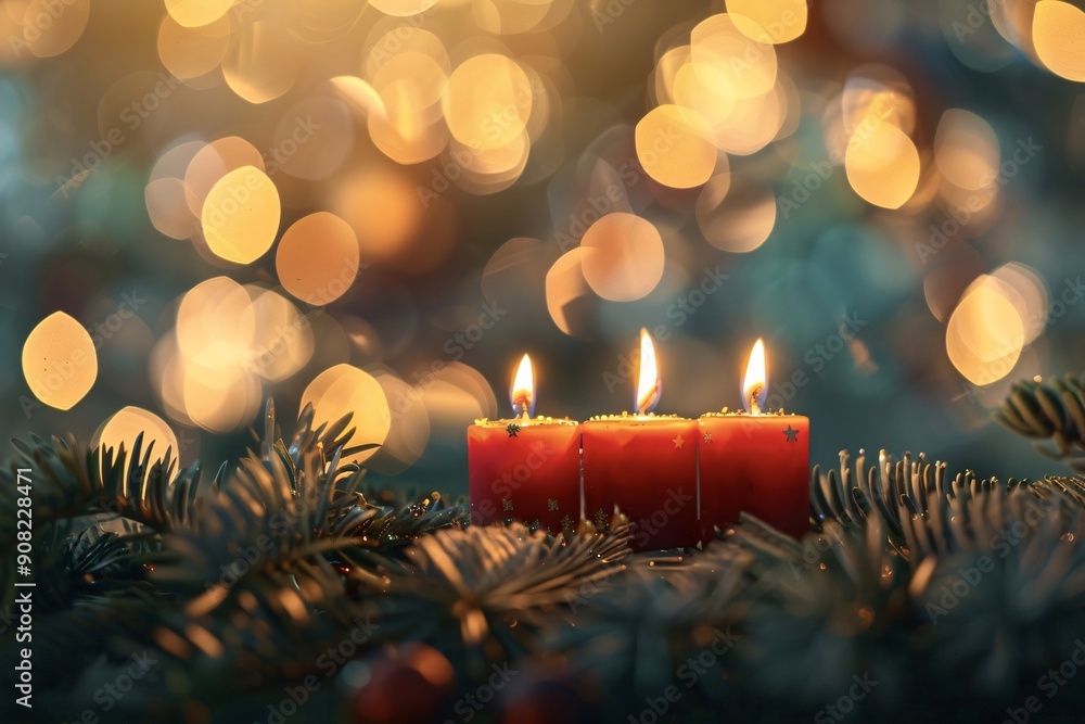 Poster christmas still life with three red burning advent candles on an advent wreath, decorated with fir b