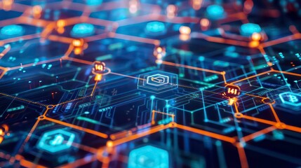 Abstract Digital Network with Hexagonal Nodes and Glowing Lines