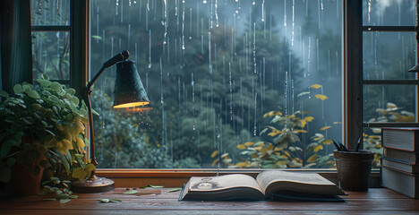 A cozy study with a wooden desk, lamp, and an open book, overlooking a stormy, rainy landscape through a large window. Generative AI.