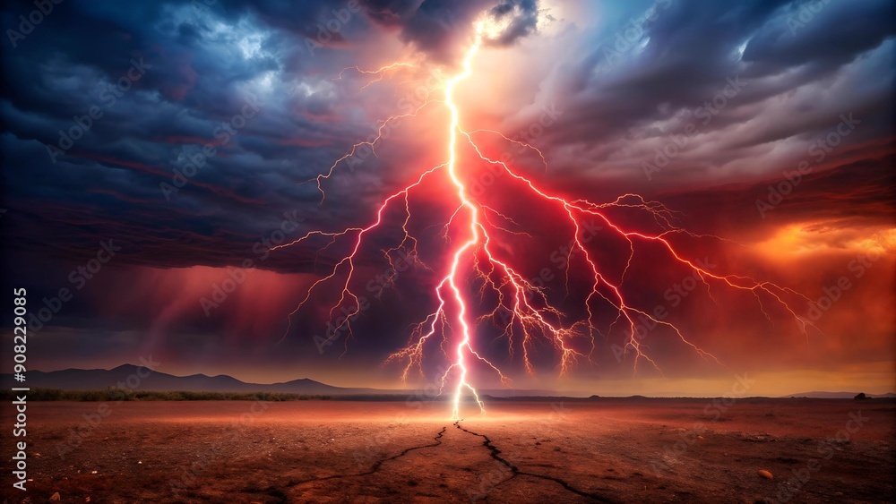 Poster red lightning bolt striking a desolate landscape generative ai