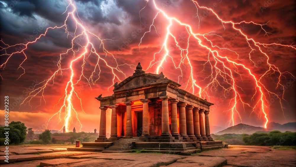 Poster red lightning bolts illuminating a ancient temple generative ai