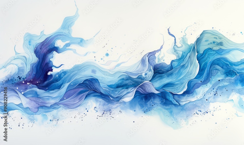 Poster abstract tidal waves in watercolor on a white background.