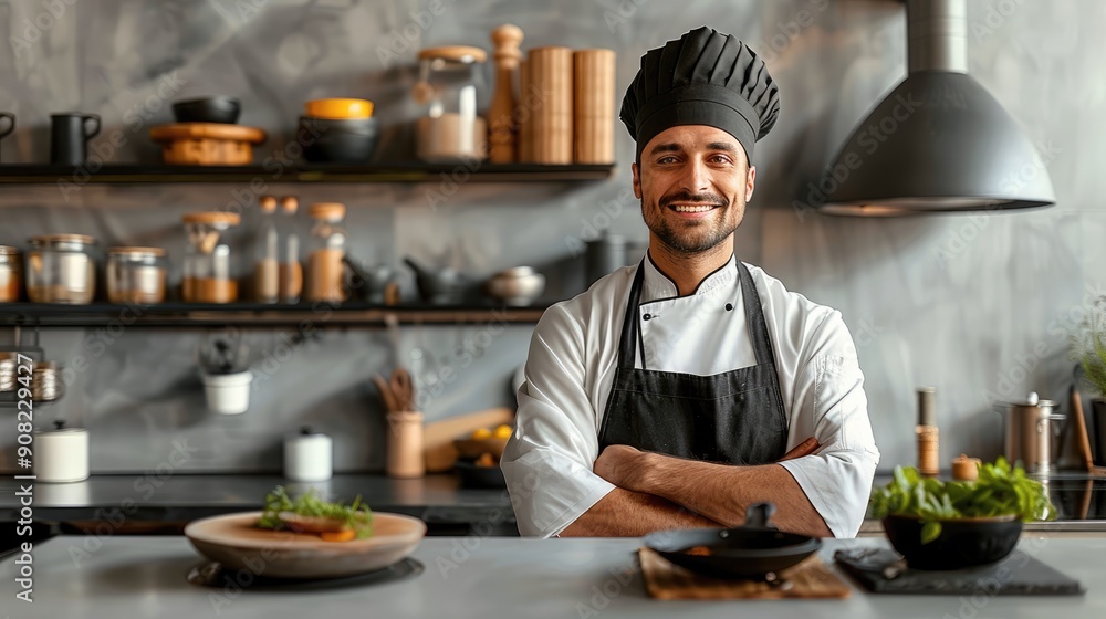 Poster front view of a nordic kitchen with a handsome man smiling professional chef in black chef's hat, bl