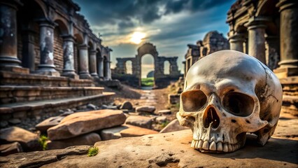 Whispers of the Past: A Skull and Bones Amidst Ancient Ruins  Generative AI