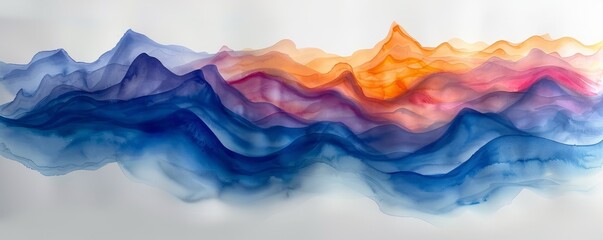 Abstract tidal waves at night in watercolor on white.