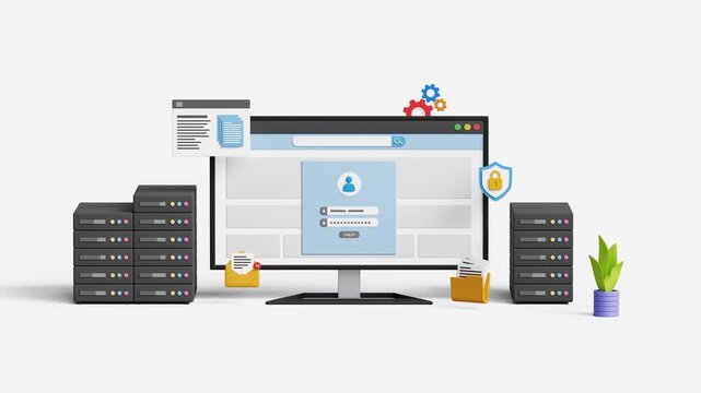 Global cloud computing and database technology. Big data server.Cloud storage for backup, personal data storage network.Dowload, upload document files system. 4k 3d animation.Trim first 3 sec for loop