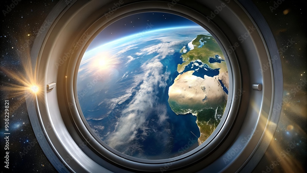 Poster a rocket's reflection: a reflection of earth in the rocket's window generative ai