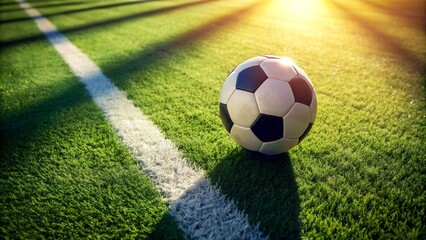 Obraz premium The Shadows of the Game: A Close-Up of a Soccer Ball Casting a Shadow on a Field Generative AI