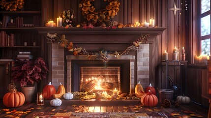 Obraz premium Cozy Fireplace with Autumn Decor and Thanksgiving Touches