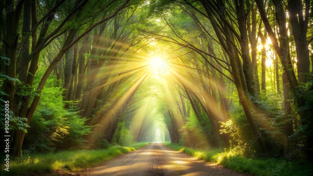 Poster a tunnel of light through a forest canopy generative ai