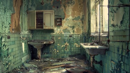 Dilapidated Room. Abandoned Hotel Building with Cracked Walls and Peeling Paint
