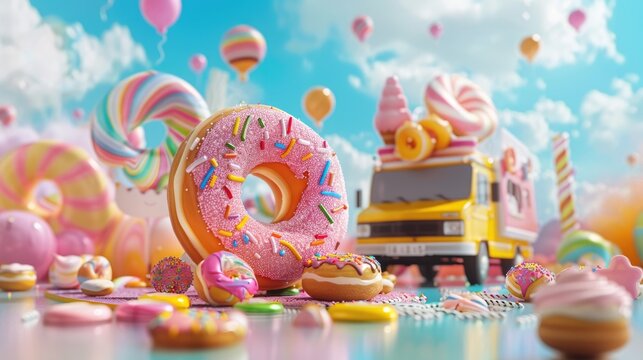 Donut Realistic. Colorful Candy Land Food Truck Business Banner with Copy Space