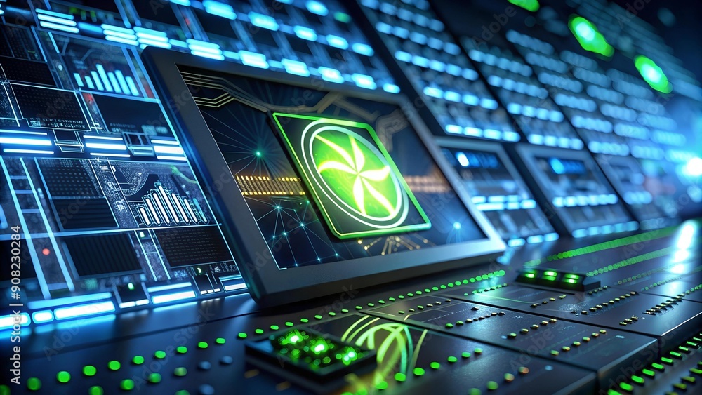 Poster nvidia logo on a futuristic energy grid display generative ai