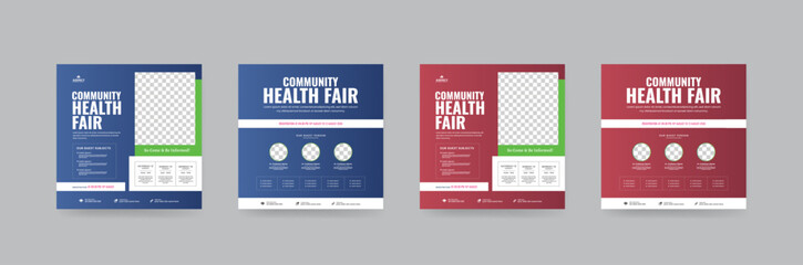 Set of Community health Fair Instagram Square Banner Design. Suitable for medical health and healthcare live webinar square Flyer. Perfect for any poster, web banner or social media post. Eps vector