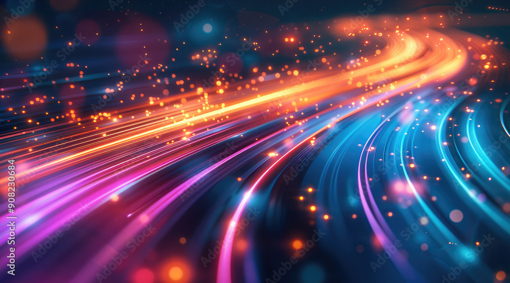 Poster A dynamic and vibrant scene with streaks of light in motion, featuring specific colors, The lights create a sense of speed and energy, blending seamlessly into a futuristic background. Generative AI.