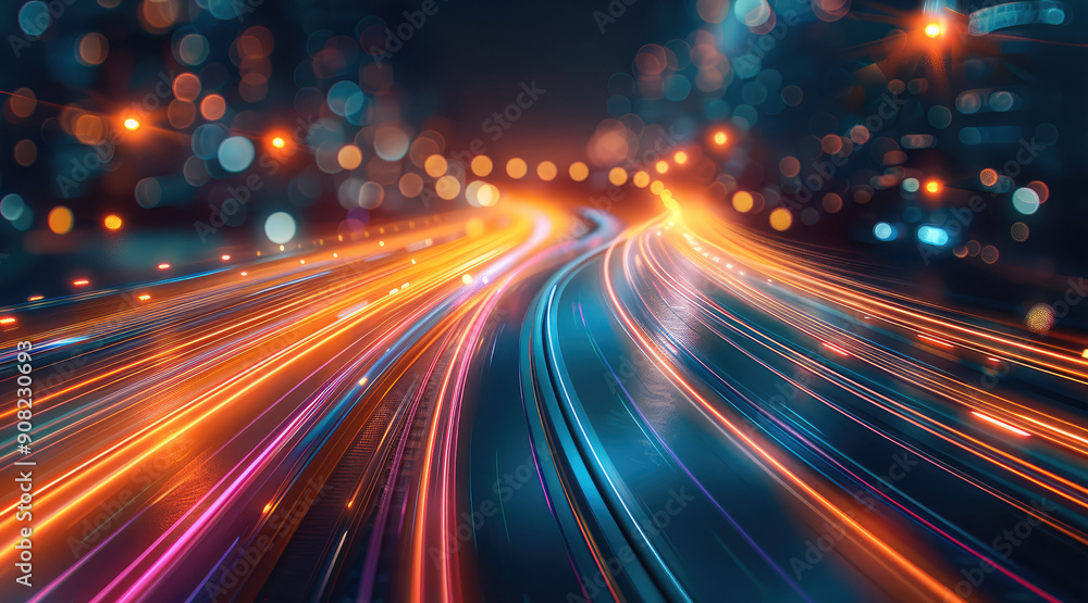 Aufkleber A dynamic and vibrant scene with streaks of light in motion, featuring specific colors, The lights create a sense of speed and energy, blending seamlessly into a futuristic background. Generative AI.