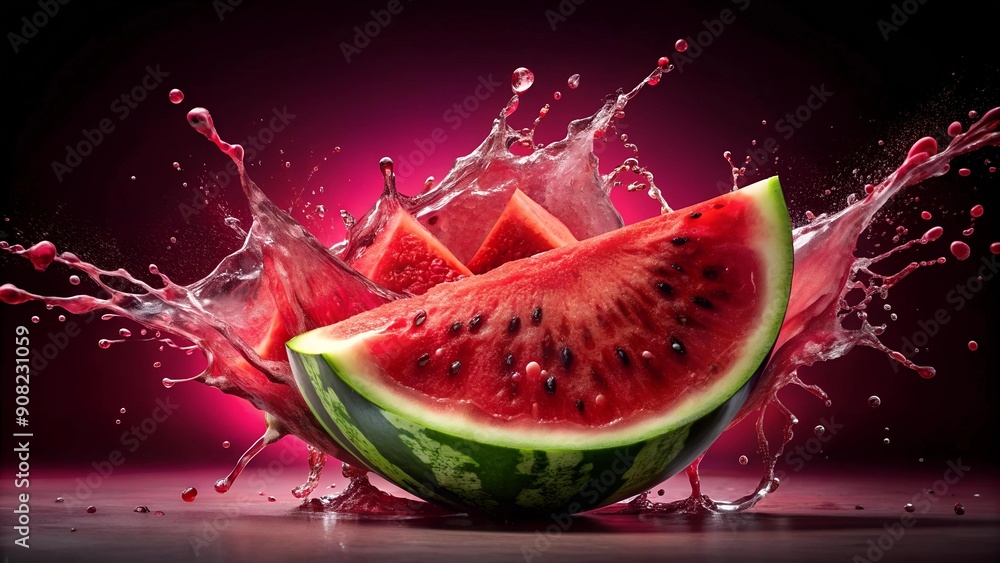 Poster ruby red revelry: a splashing watermelon extravaganza generative ai