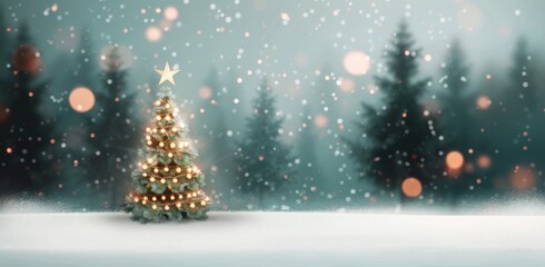 Snowy Christmas Tree With Lights Surrounded By Blurred Foliage During Winter Night