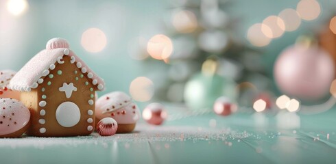 Obraz premium Gingerbread House Surrounded By Colorful Candies On A Mint Green Background