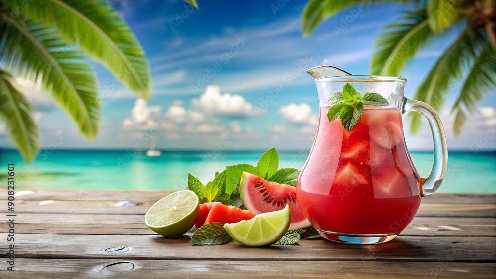 Poster island vibes: watermelon agua fresca with mint and lime generative ai