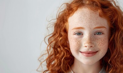 Naklejka premium Smiling red-haired girl with freckles, joyful expression. Free copy space for text.