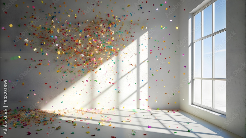 Aufkleber abstract white wall with a soft shadow of a window and a burst of confetti ai generated