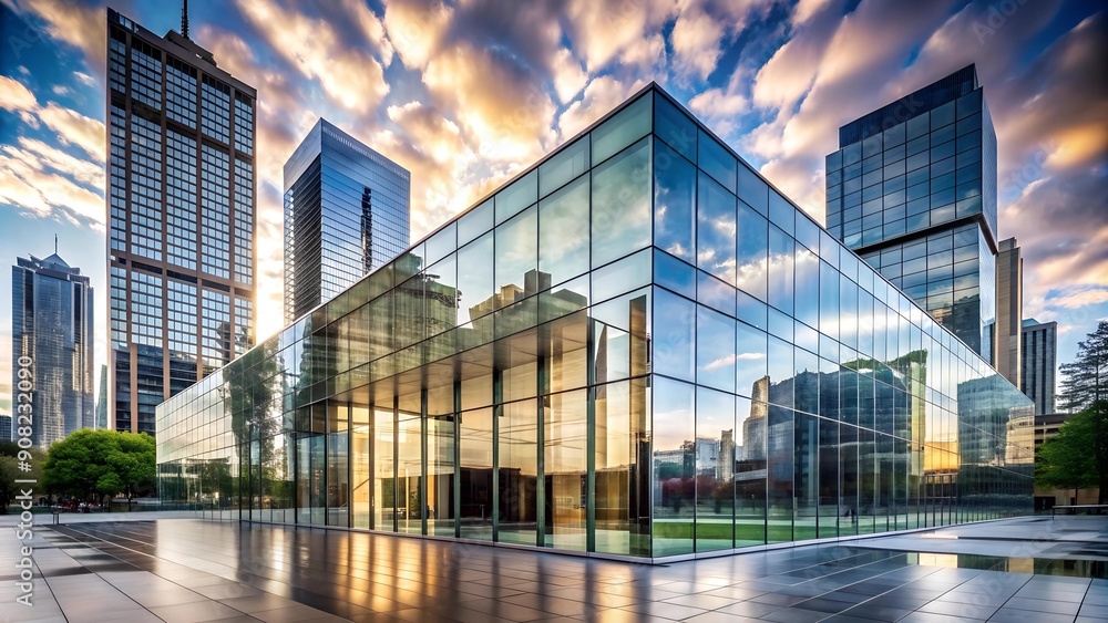 Poster echoes of the future: a modern architecture building reflecting the cityscape generative ai