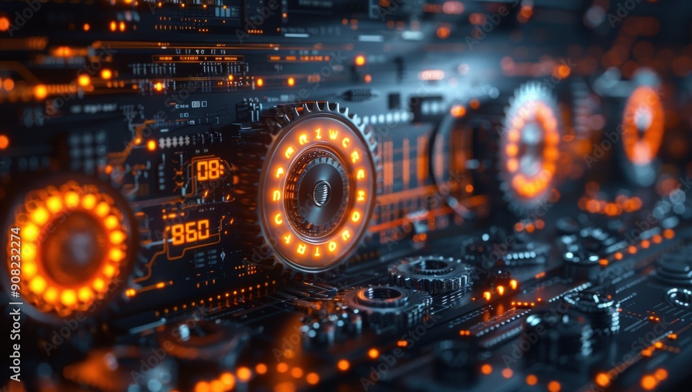 Poster digital background featuring gears and charts with data, creating an industrial atmosphere.