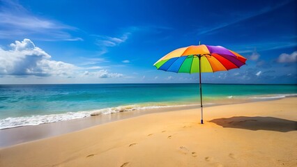 Sandy Beach with a Colorful Umbrella  AI generated