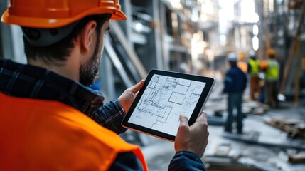 Construction Worker Reviewing Blueprint on Tablet