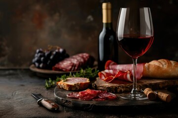 Charcuterie Wine. Red Beaujolais Wine and Assorted Antipasto Buffet