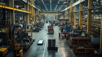 A busy factory floor with engineers and workers operating heavy machinery, bathed in natural light, medium shot