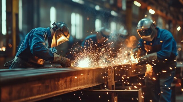 Workers in a metal fabrication shop, sparks flying from welding, natural light, medium shot