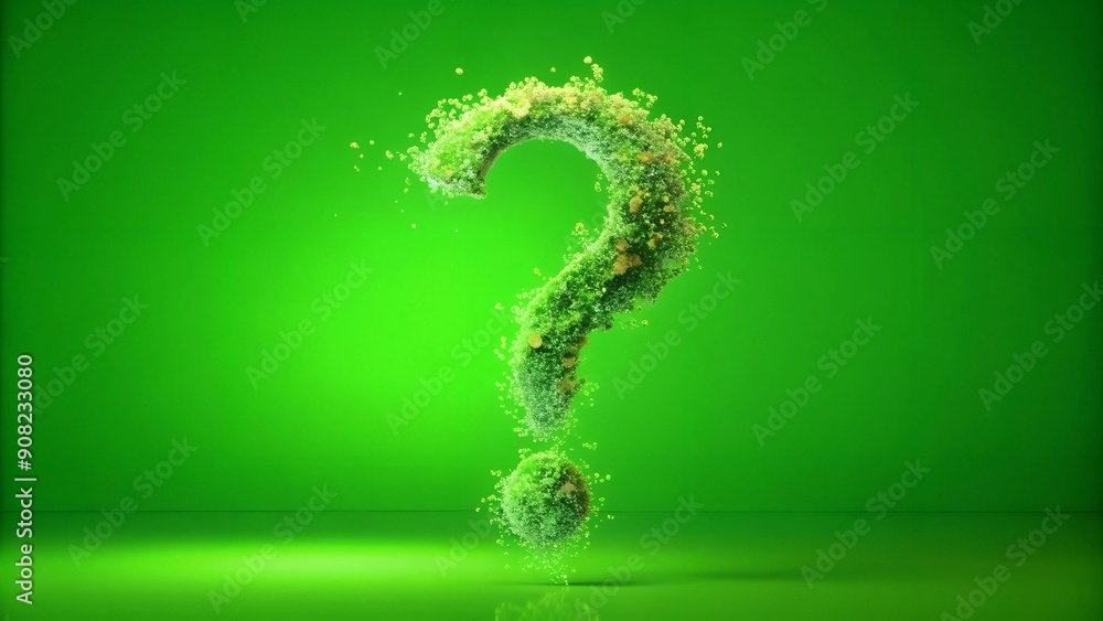 Poster fluid question mark particle bounce: smooth green screen effect generative ai