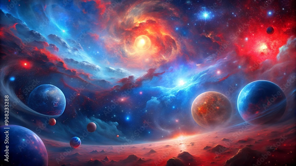 Poster crimson and azure in a digital universe: a cosmic abstract journey generative ai