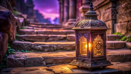 Mystical Bronze Lantern with a Purple Light - Ancient Ruins  AI Generated