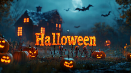 Spooky Halloween Night Scene with Glowing Jack-O'-Lantern Pumpkins, Haunted House, Skeleton, Full Moon, Flying Bats, and Eerie Forest Atmosphere for a Creepy Celebration