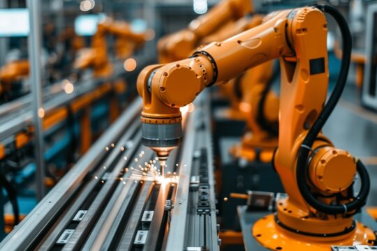 An advanced orange robotic arm precisely welds a black car part on the assembly line in a modern automotive factory with other robots and machines working efficiently