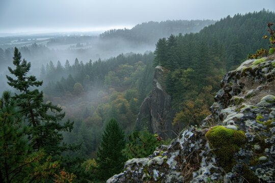 Springfield Mo. View of Cliff in Thurston Hills Natural Area with Evergreen Forest and Foggy Mountain