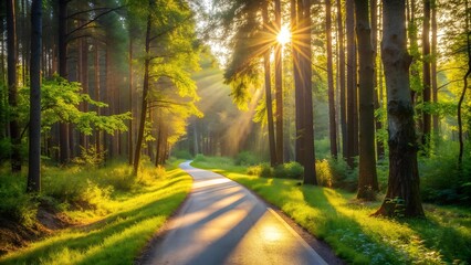 Fototapeta premium A Bike Trail Through a Sunlit Forest AI Generated