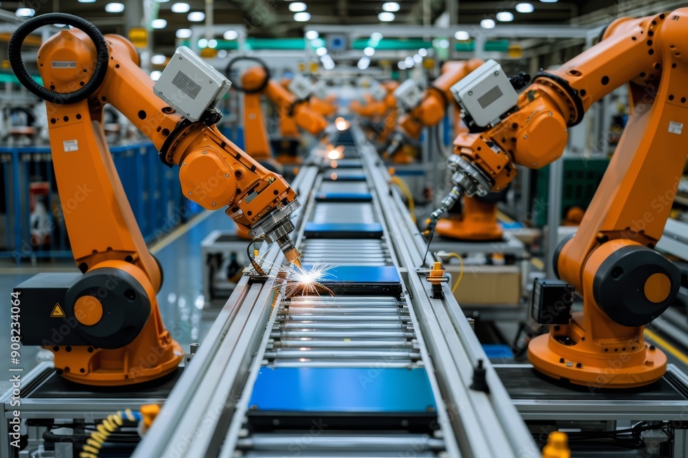 Poster the image shows a row of industrial robot arms welding car parts on a production line in a factory. 