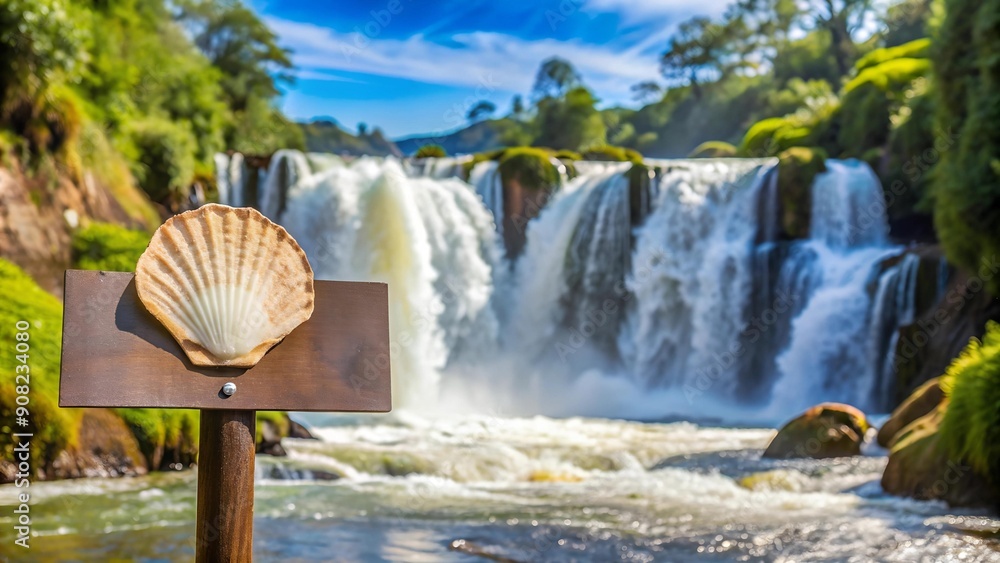 Poster shell signpost with a waterfall in the background: argentinian nature ai generated