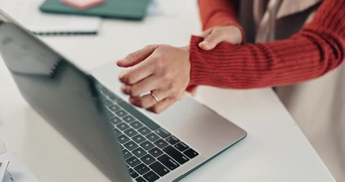 Laptop, wrist pain and hands of business woman in office with injury, accident and carpal tunnel syndrome. Stress, computer and above of person with medical emergency, sprain and tension from typing